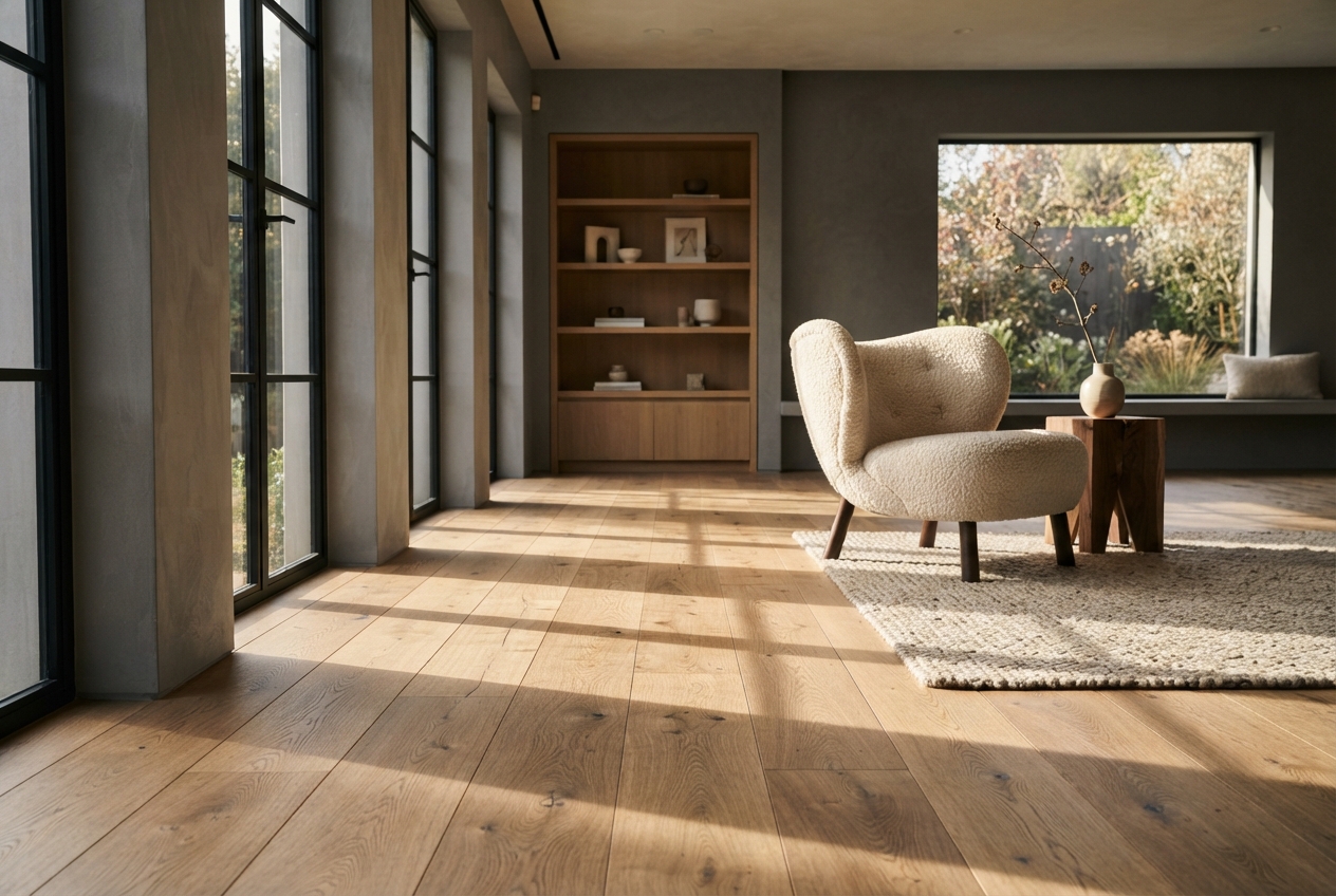 Sunlit minimalist living room with oak floors, tall windows, a cream lounge chair, shelving, and a garden view.