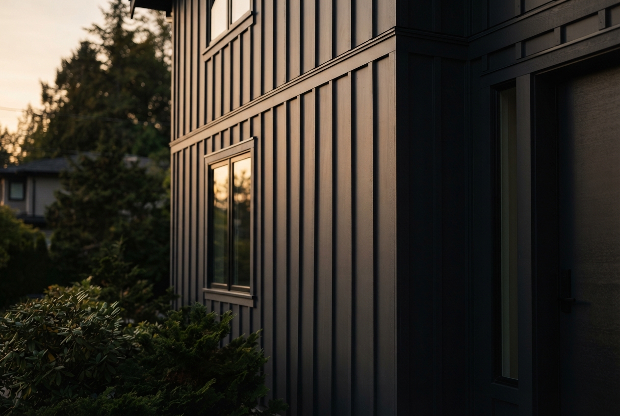 Modern dark-sided house exterior with reflective windows, recessed entry, shrubs, and trees at dusk.