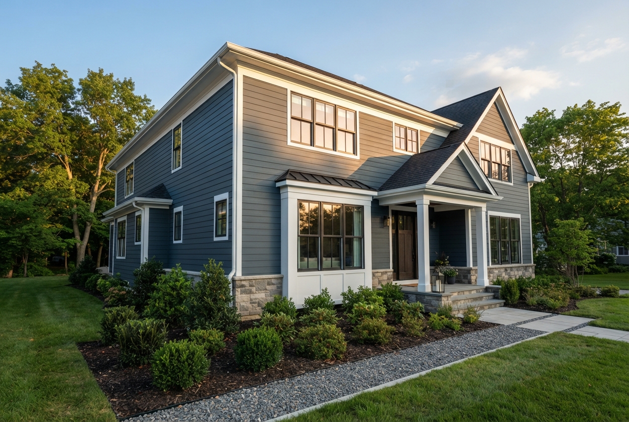 Large blue-gray two-story house with white trim, gabled roof, landscaped yard, and front walkway.