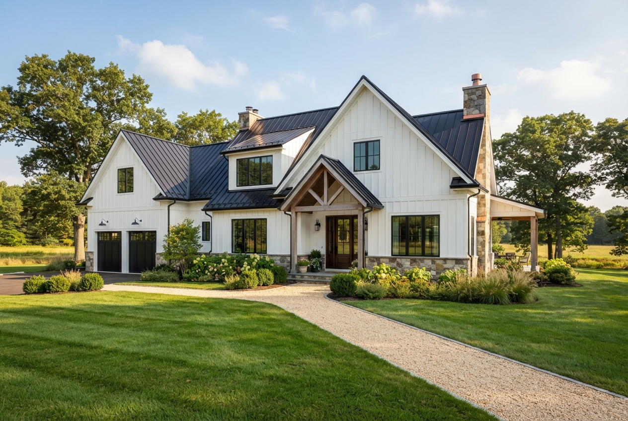 White farmhouse with dark metal roofs, stone accents, landscaping, trees, and a curved gravel walkway.