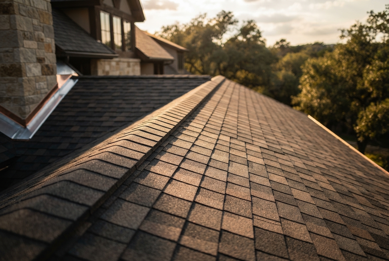 Close view of a sunlit shingled house roof with stone walls and trees in the background.