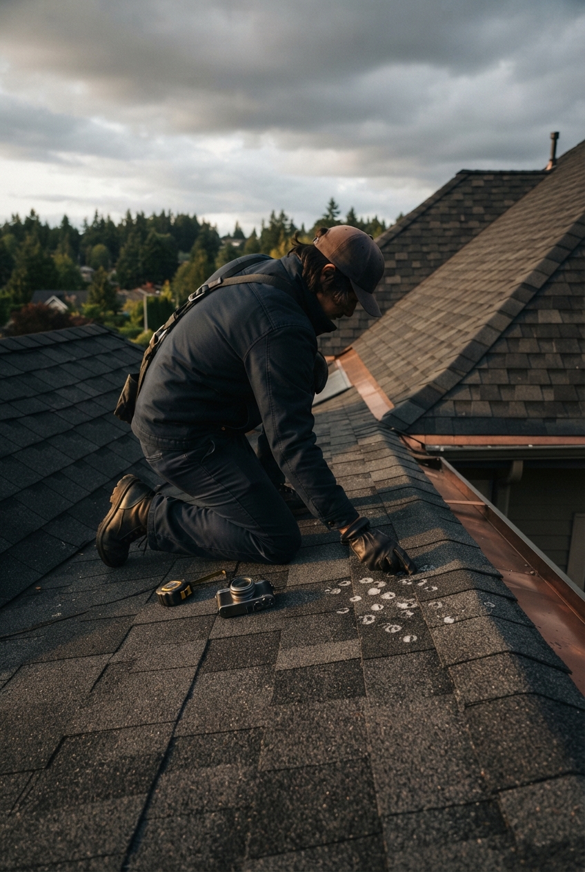Roofer kneels on a shingled roof with tools nearby beneath a cloudy sky.