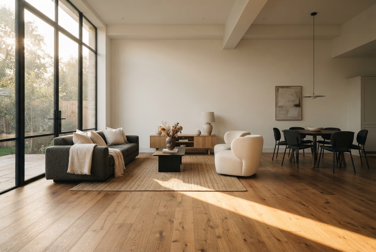 Sunlit modern living and dining room with large windows, neutral furniture, wood floors, and a woven rug.
