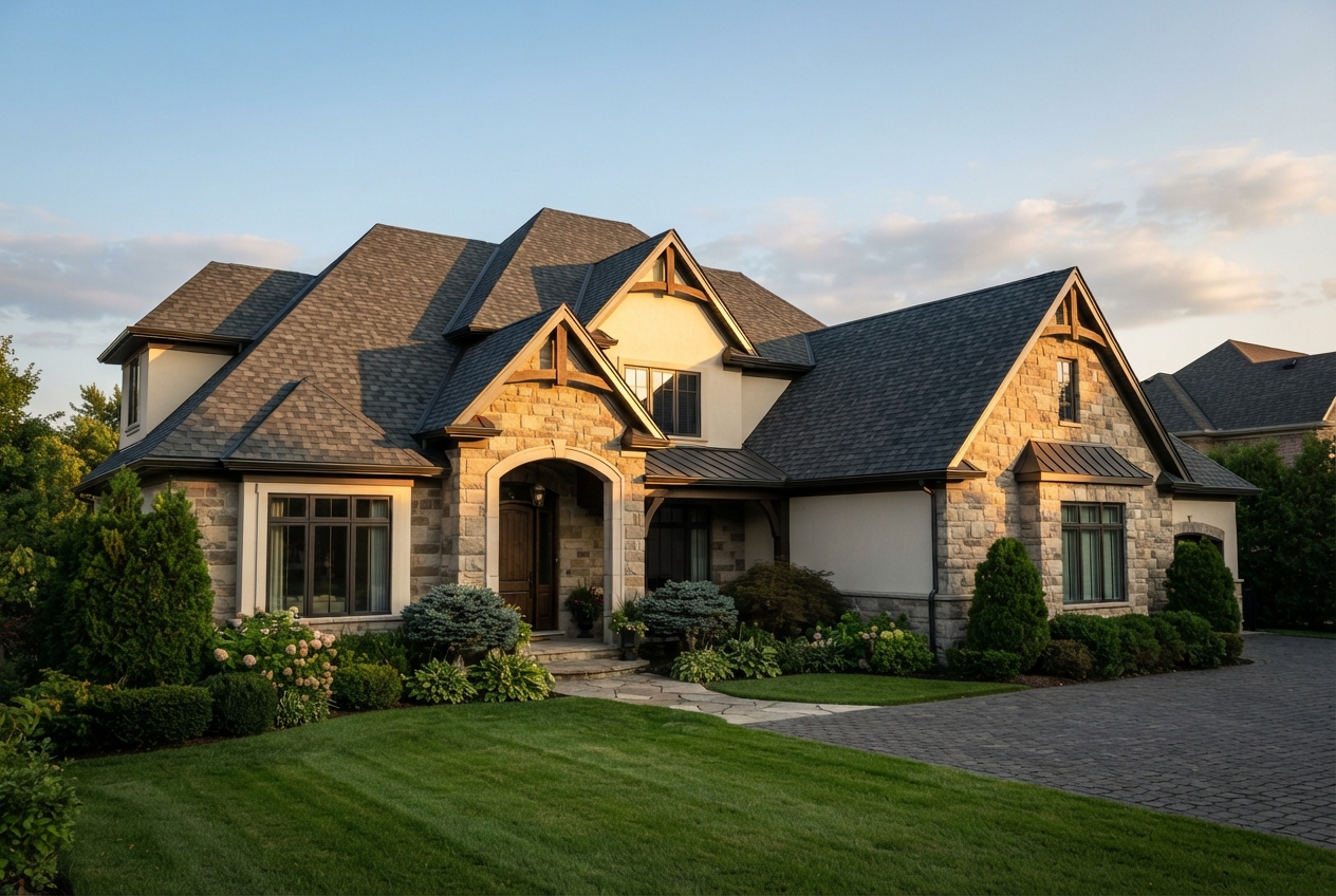 Large stone-and-stucco house with dark gabled roof, landscaped lawn, and paved driveway at sunset.