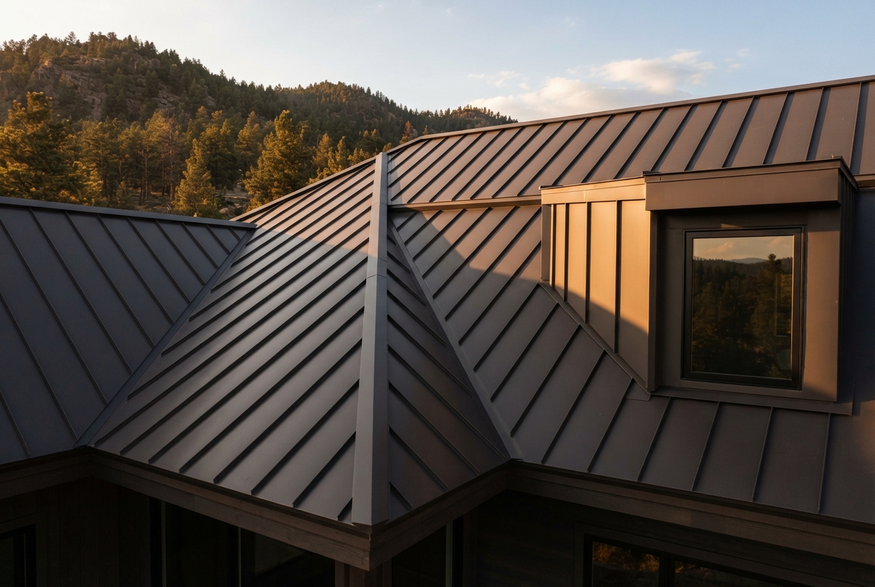 Dark standing-seam roof with a dormer window overlooking a sunlit forested mountain.